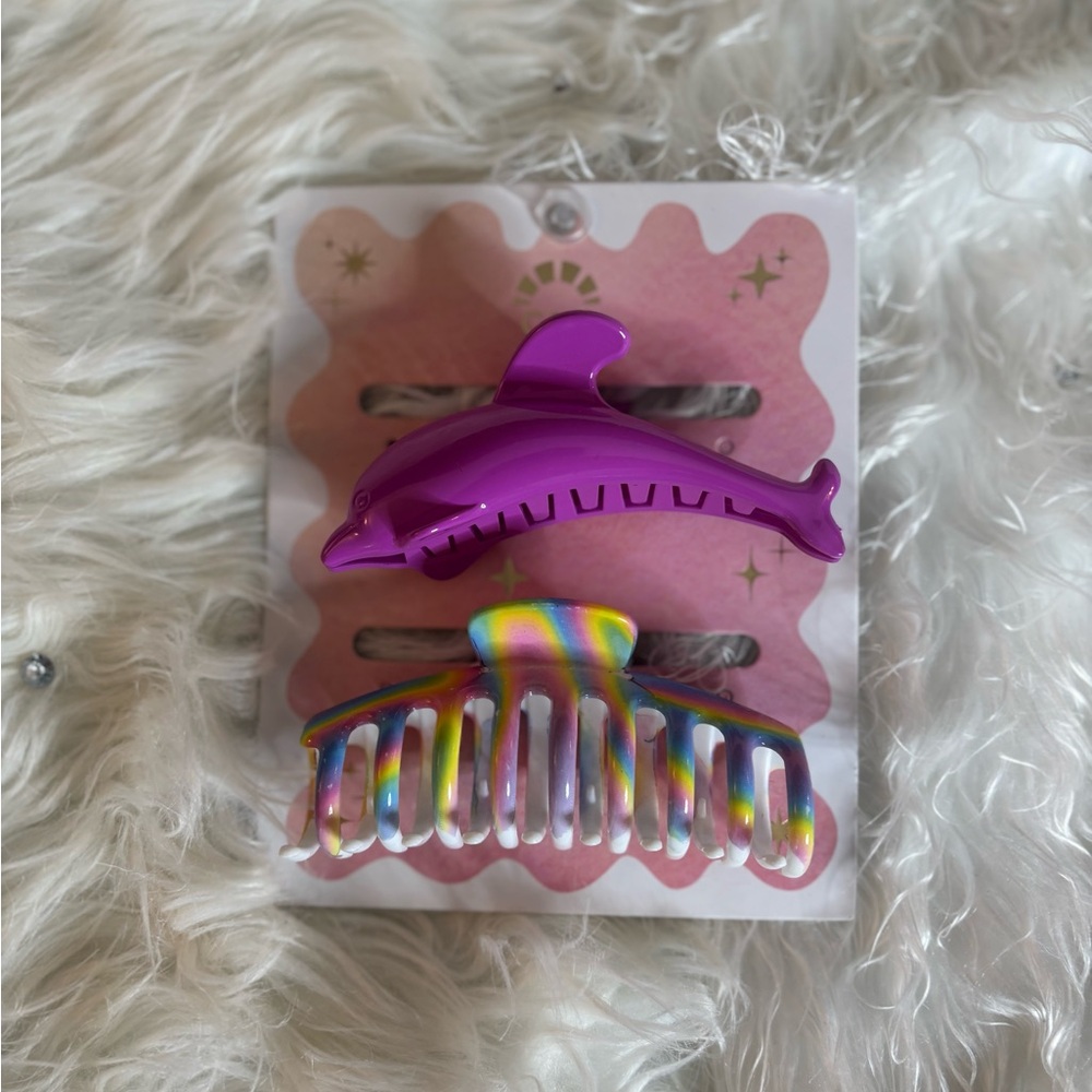 Purple Dolphin Hair Clip and Rainbow Hair Clip Set